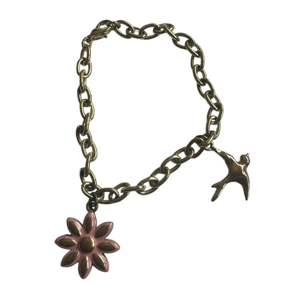 Gold Pink Flower Bird Charm Bracelet 7 3/4